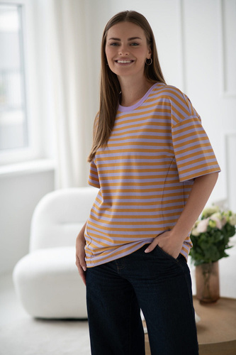 T-shirt do karmienia i ciąży Mamahood oversize z krytymi zamkami OEKO-TEX Milk&Love miodowo-liliowe paski