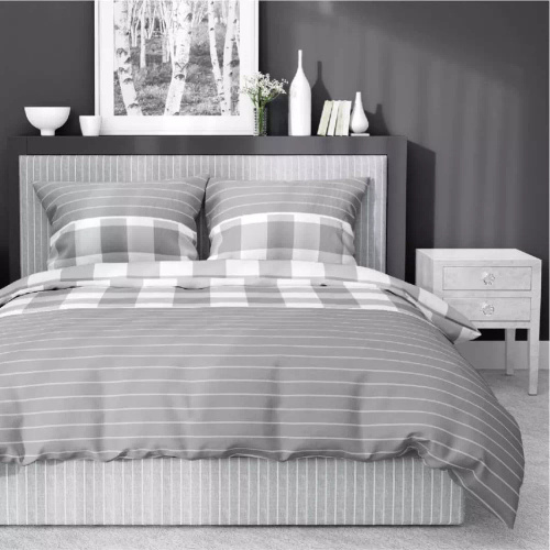 Pościel satynowa kratka 5083 B Home Satin Detexpol szary 