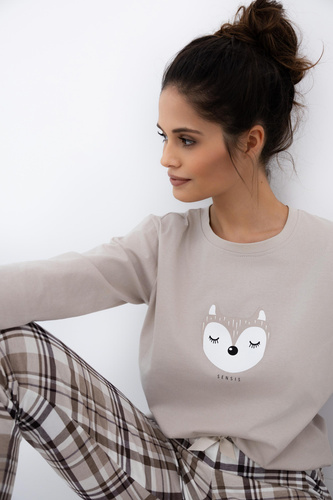 Sensis Tinsley – damska piżama bawełniana z nadrukiem i spodniami w kratkę