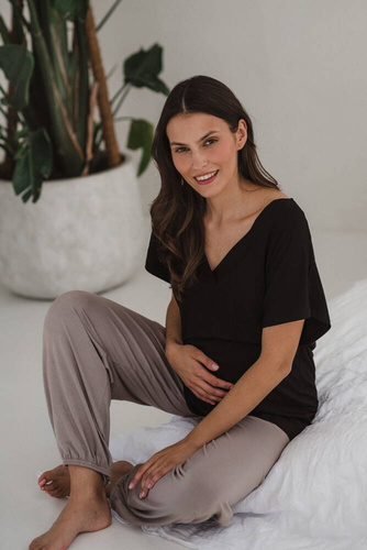 Bambusowa bluzka od piżamy ciążowej do karmienia krótki rękaw Moon Milk&Love czarny