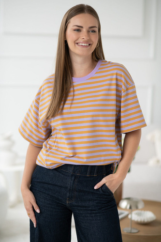 T-shirt do karmienia i ciąży Mamahood oversize z krytymi zamkami OEKO-TEX Milk&Love miodowo-liliowe paski