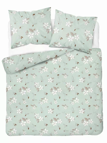 5632 B Detexpol Pastel Flowers miętowa w białe kwiaty i liście– pościel flanelowa bawełniana, miękka i przytulna