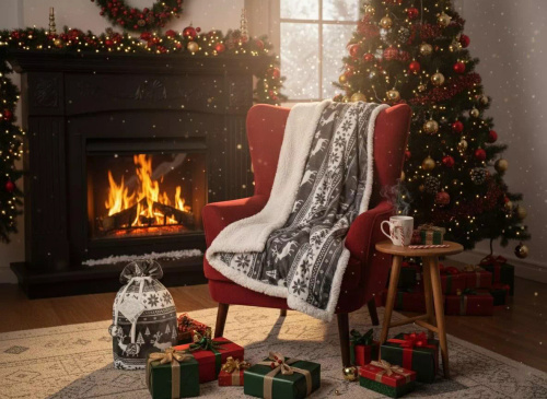 SACO Koc świąteczny 150x200 – ciepły, miękki, w renifery i choinki, w ozdobnym worku