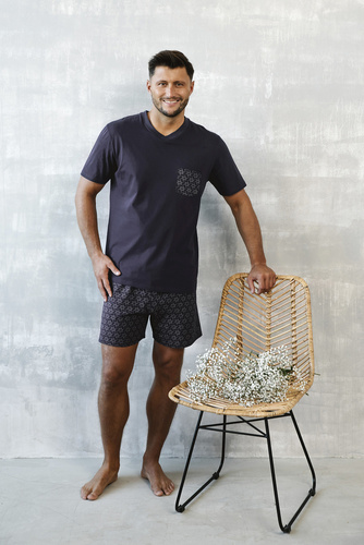 Piżama Męska krótki rękaw, spodenki Diaz Italian Fashion - granatowy/druk