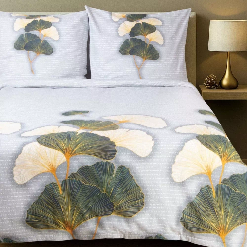 31510/1 Darymex Flanelove szara zielona liście miłorzębu– komplet pościeli flanelowej, 100% bawełna, ciepła i przytulna