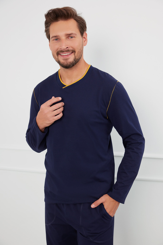 Piżama Męska długi rękaw, długie spodnie Ludwik talian Fashion - granatowy