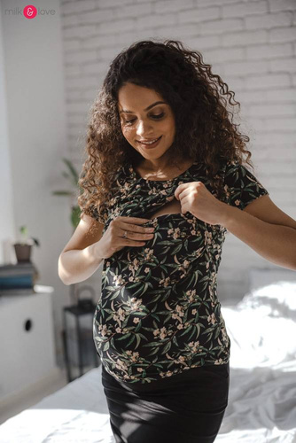 Bluzka do karmienia i ciążowa z krótkim rękawem Milk Shirt Milk&Love w listki na czarnym