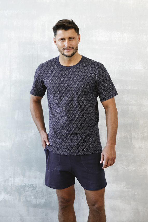 Piżama Męska krótki rękaw, spodenki Ricardo Italian Fashion - granatowy/druk