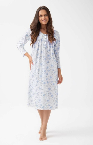 Damska koszula nocna Luna 338 – niebieska, bawełna, guziki, długi rękaw