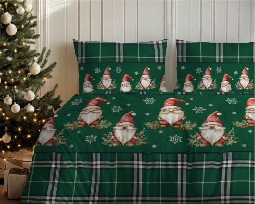 5622 B Magia Świąt Detexpol Pościel świąteczna flanelowa zielona w kratę ze skrzatami i śnieżynkami – bawełna 100%, certyfikat OEKO-TEX®