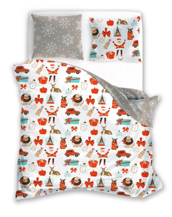 Holly Jolly 004 Faro Pościel świąteczna beżowa kolorowa – miękka satynowa mikrofibra, komplet z poszewkami