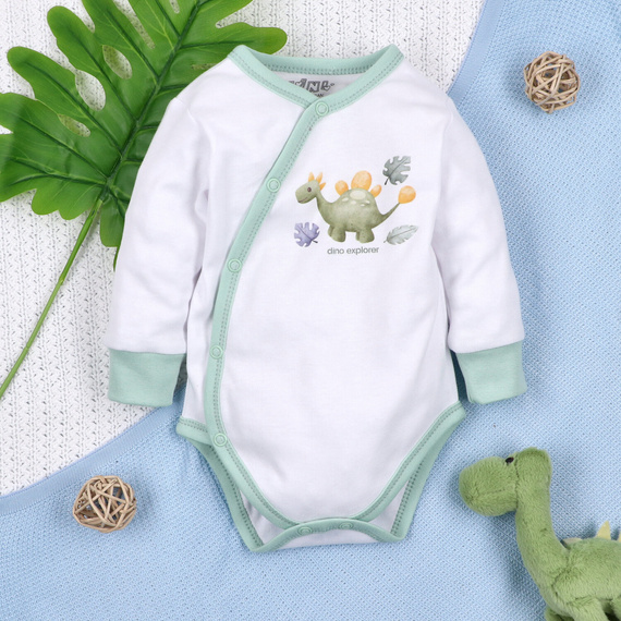 Body niemowlęce kopertowe Dino Explorer biały | 100% bawełna organiczna