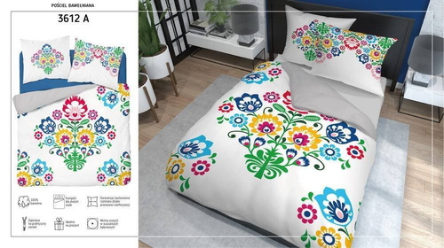 Pościel bawełniana Łowicka wycinanka 3612 A kwiaty kurpiowska Detexpol biały/szary