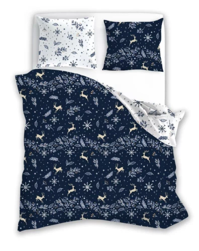 Scandic 068 Scandic Faro biała granatowa renifery  – pościel świąteczna dwustronna, bawełna 100%, komplet 