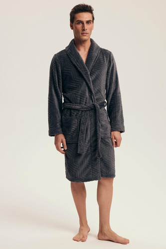 Henderson Nandu 43379 – szlafrok męski z wytłaczanym wzorem, przed kolano, pasek w pasie