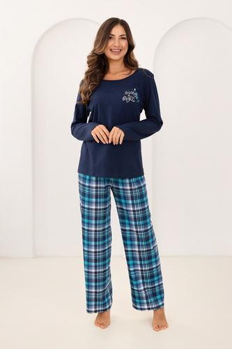 Regina 743 granatowa – damska piżama bawełniana z nadrukiem i spodniami w kratę