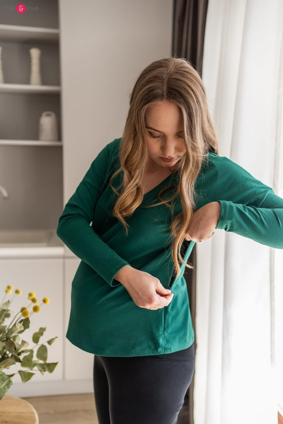 Bluzka ciążowa i do karmienia z rękawem Two Ways Milk&Love butelkowy zielony