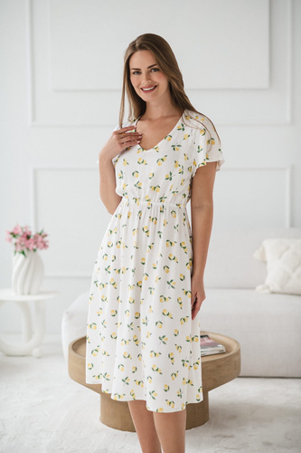 Biała sukienka ciążowa i do karmienia w cytryny – Lovely Dress Midi, krótki rękaw Milk&Love 