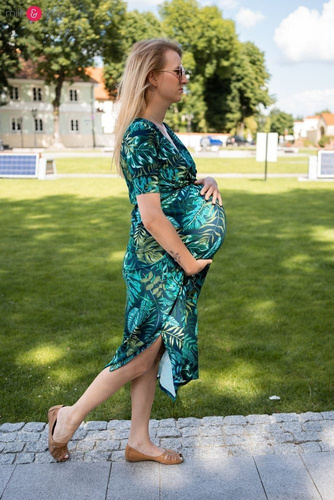 Two Ways LONG Sukienka do karmienia ciążowa krótki rękaw Milk&Love miętowa w magnolie i ptaki