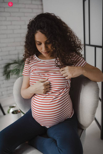 Bluzka do karmienia i ciążowa z krótkim rękawem Milk Shirt Milk&Love w biało-czerwone paski