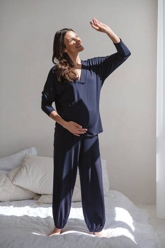 Bambusowa bluzka od piżamy ciążowej do karmienia długi rękaw Moon Milk&Love granatowy