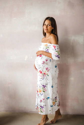 Two Ways LONG Sukienka do karmienia ciążowa krótki rękaw Milk&Love biała w kolorowe kwiaty