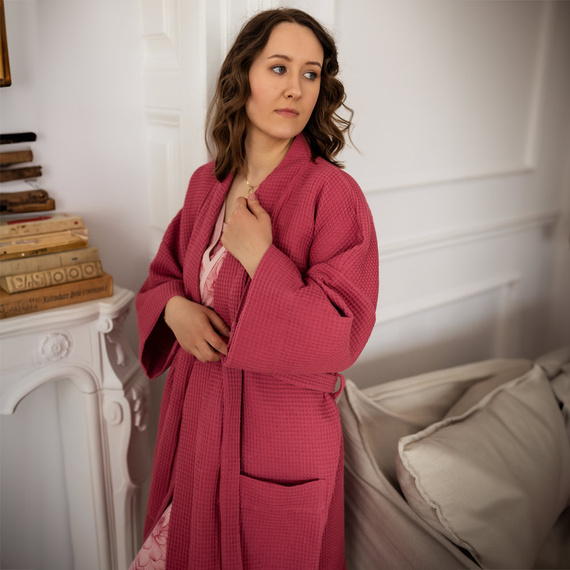 Szlafrok bawełniany wafel Eevi- malina