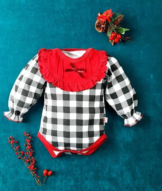 Body falbanka z długim rękawem 182KK Santa Marija - kratka z bordowym dekoltem