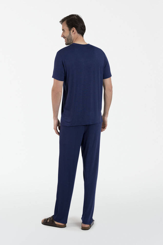 Piżama Męska krótki rękaw, długie spodnie Akord talian Fashion - granatowy 
