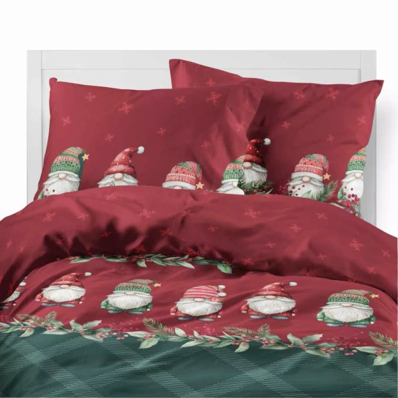 5618 B Magia Świąt Detexpol Pościel świąteczna flanelowa w skrzaty na bordowo-zielonym tle– bawełna 100%, certyfikat OEKO-TEX®