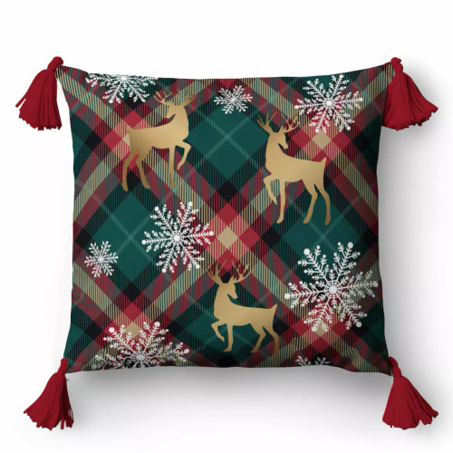 5381 A Christmas Deco Detexpol renifery i śnieżynki na tle kratki– poszewka dekoracyjna świąteczna 45x45, Panama, zamek błyskawiczny