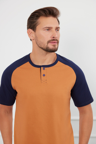 Piżama Męska krótki rękaw, długie spodnie Aleksander talian Fashion - koniak/granat 