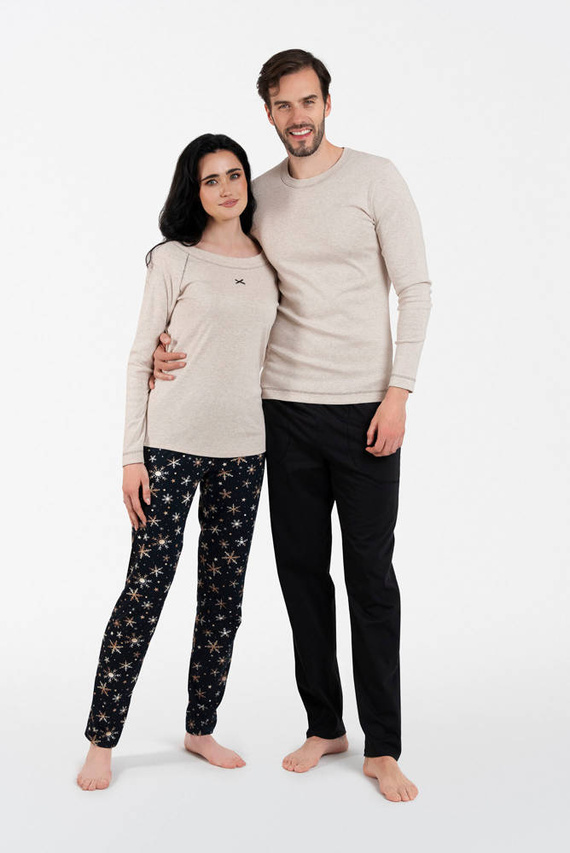 Piżama Damska długi rękaw, długie spodnie Denali Italian Fashion - beżowy melanż/druk