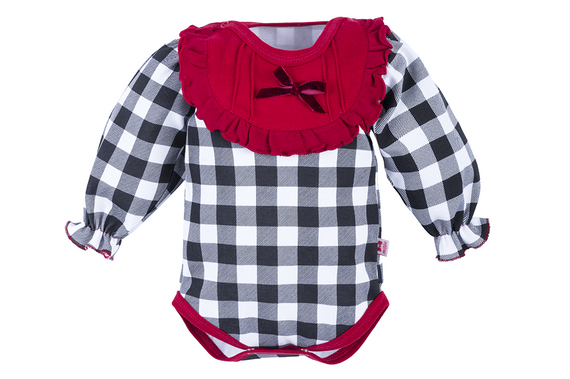 Body falbanka z długim rękawem 182KK Santa Marija - kratka z bordowym dekoltem