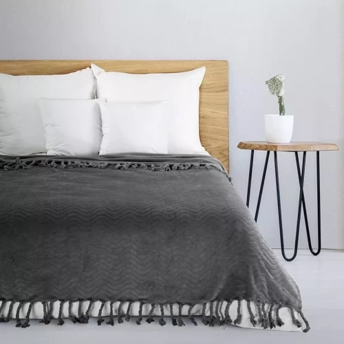 Koc narzuta z frędzlami Emma Eurofirany stalowy