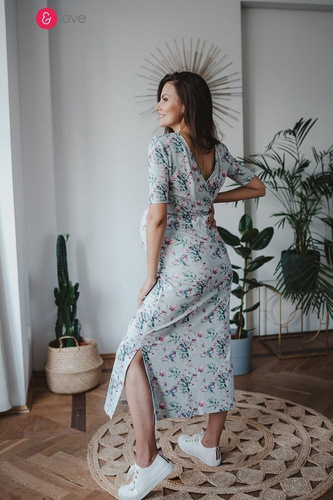Two Ways LONG Sukienka do karmienia ciążowa krótki rękaw Milk&Love miętowa w magnolie i ptaki