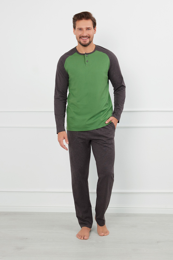 Piżama Męska długi rękaw, długie spodnie Aleksander talian Fashion - zielony/c.melanż 
