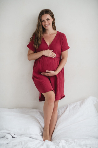 Koszula nocna ciążowa i do karmienia muślinowa Aurora Milk&Love malinowy