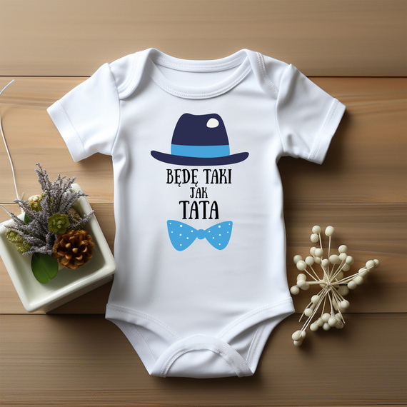 Body krótki rękaw "Będę taki jak tata kapelusz i muszka" Moocha biały
