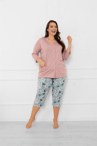 Damska piżama Sekwoja – komplet bawełniany, rozpinana bluzka i spodnie 3/4 Italian Fashion