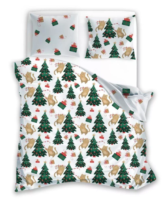 Holly Jolly 005 Faro Pościel świąteczna biała zielona choinki – miękka satynowa mikrofibra, komplet z poszewkami