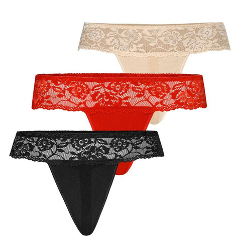 Wielopak Stringi damskie z koronką Comfo Teyli - czarne/czerwone/beżowe