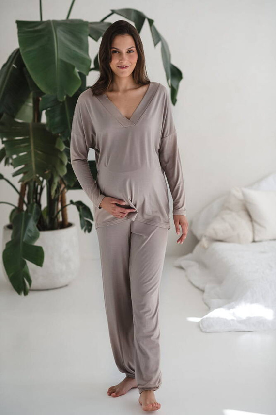 Bambusowa bluzka od piżamy ciążowej do karmienia długi rękaw Moon Milk&Love beżowy