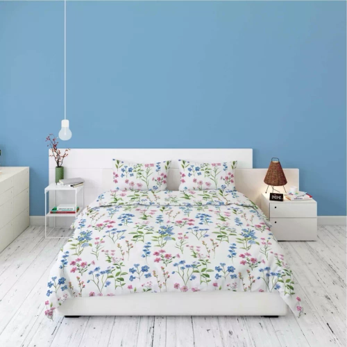 5634 A Detexpol Pastel Flowers biała w polne kwiaty niebiesko-różowe pościel flanelowa bawełniana, miękka i przytulna