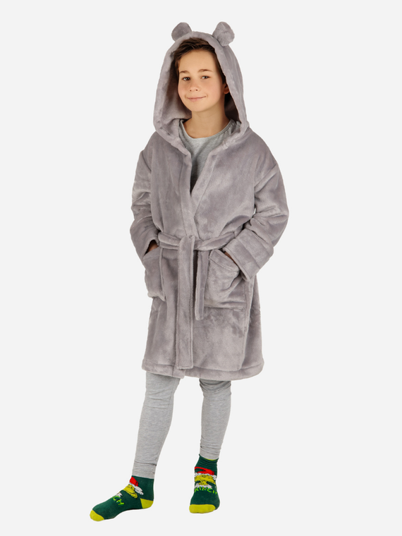 Szlafrok dziecięcy z uszami Teddy ByShelly - jasny szary