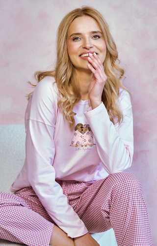 Damska piżama Elisa 3434 Taro – bawełna, długi rękaw, spodnie w kratkę