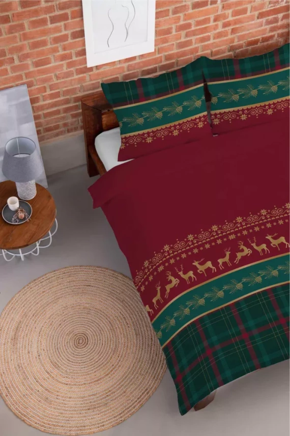 5620 B Magia Świąt Detexpol Pościel świąteczna flanelowa czerwona z reniferami i kratą– bawełna 100%, certyfikat OEKO-TEX®