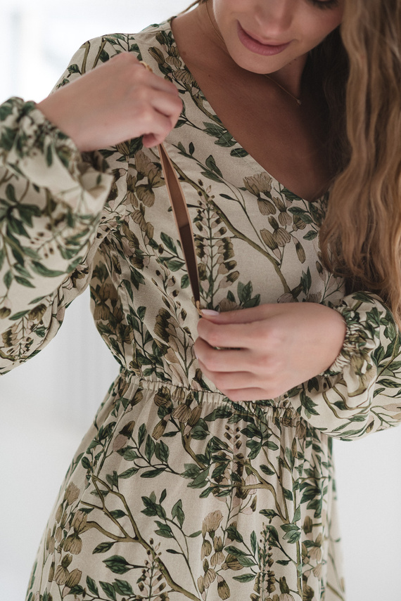 Sukienka ciążowa i do karmienia Lovely Dress Midi Milk&Love w zielone kwiaty– naturalna tkanina z lnem, elegancka midi z zamkami do karmienia