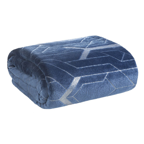 Koc narzuta z mikrofibry ze srebrnym wzorem geometrycznym Ginko 4 Eurofirany niebieski