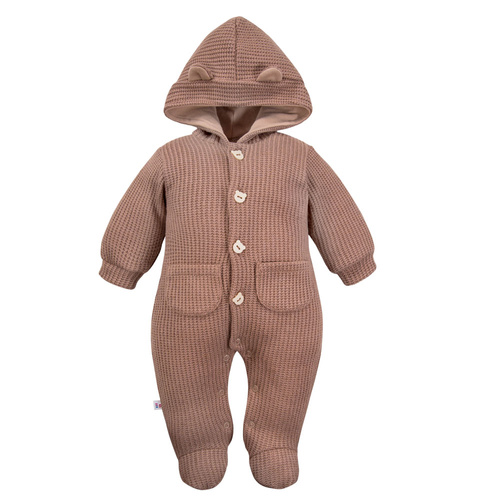 Beżowy pajac niemowlęcy Beary Cool Eevi – sweterkowy, z uszkami na kapturze